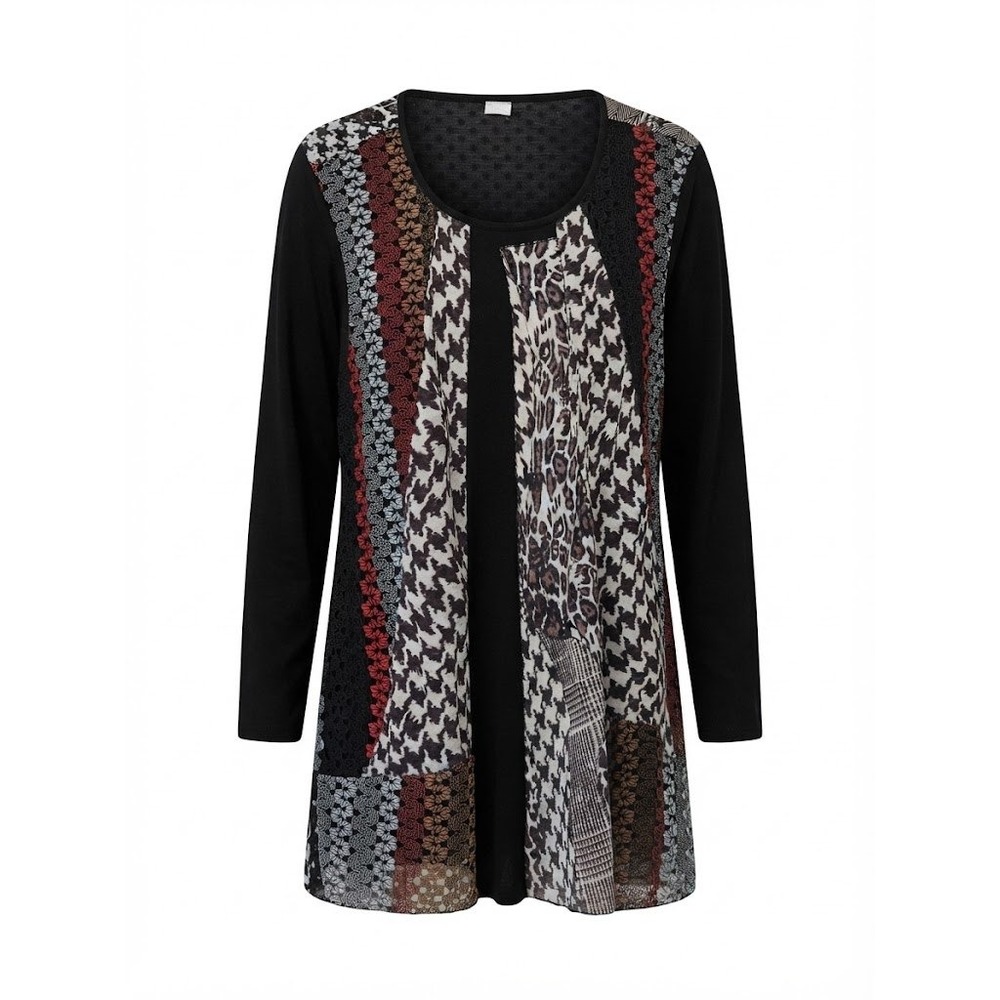 Gikalady Tunic Women 3X Black Patchwork Mixed Media Animal Print Houndstooth Top